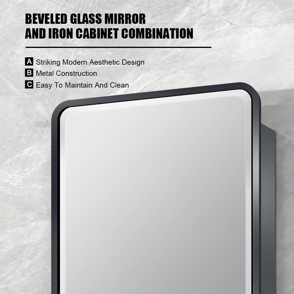 20×24inch Medicine Cabinet,Mirror Cabinet with Beveled Mirror,Solf Close Hinge,Brushed Metal Framed,Detachable Side Plate for Recess Mount or Surface Mount,Black