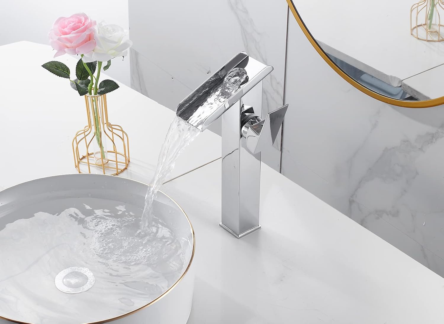 Bathroom Vessel Faucet Chrome Waterfall Single Handle 1 Hole Matching Pop Up Drain Stopper Without Overflow Lavatory Vanity Basin Tap Deck Mount Bowl Sink Bath Faucets Include Faucet Supply Lines