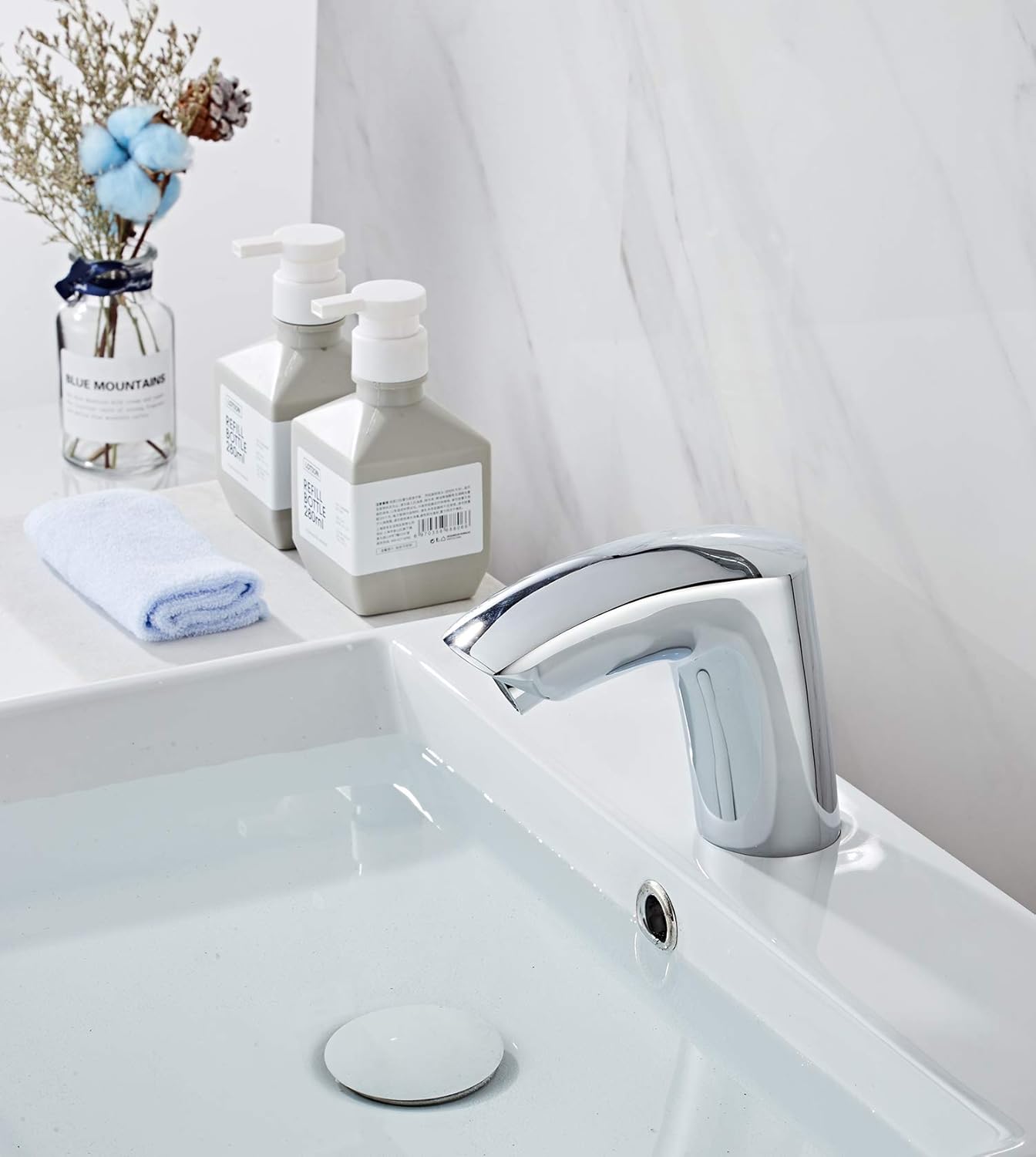 Touchless Bathroom Sink Faucet Chrome Automatic Sensor Temperature Deck Mount Solid Brass Motion Activated Bath Tub Lavatory Basin Vanity Aerator One Hole Brass Mixer Tap Touch-free