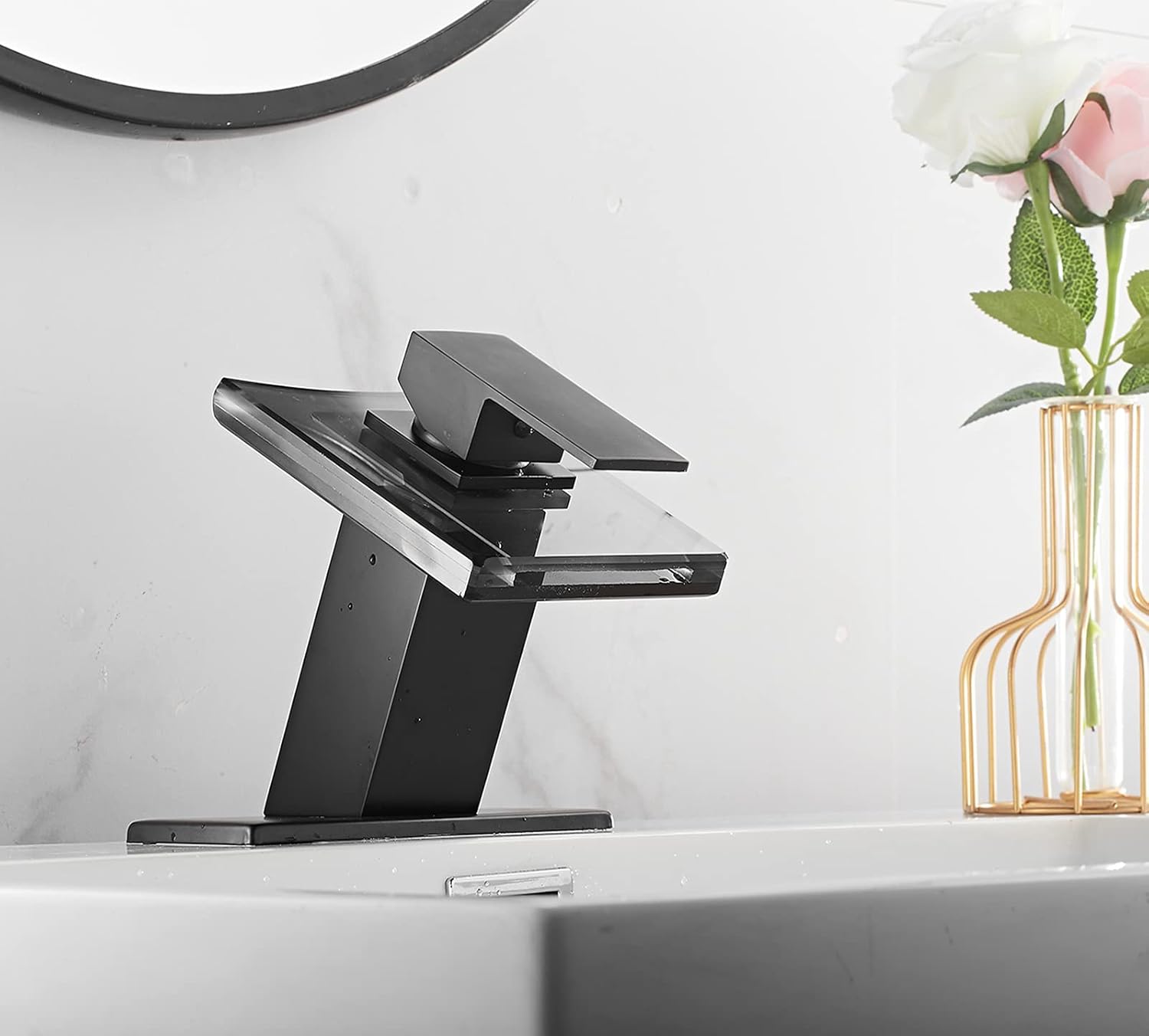 Bathroom Faucet Black Led Light 3 Color Changing Waterfall Glass Spout RGB Battery Power Lavatory Vanity Sink Faucet Single Handle One Hole Deck Mount Modern Designer Bath Basin Tap