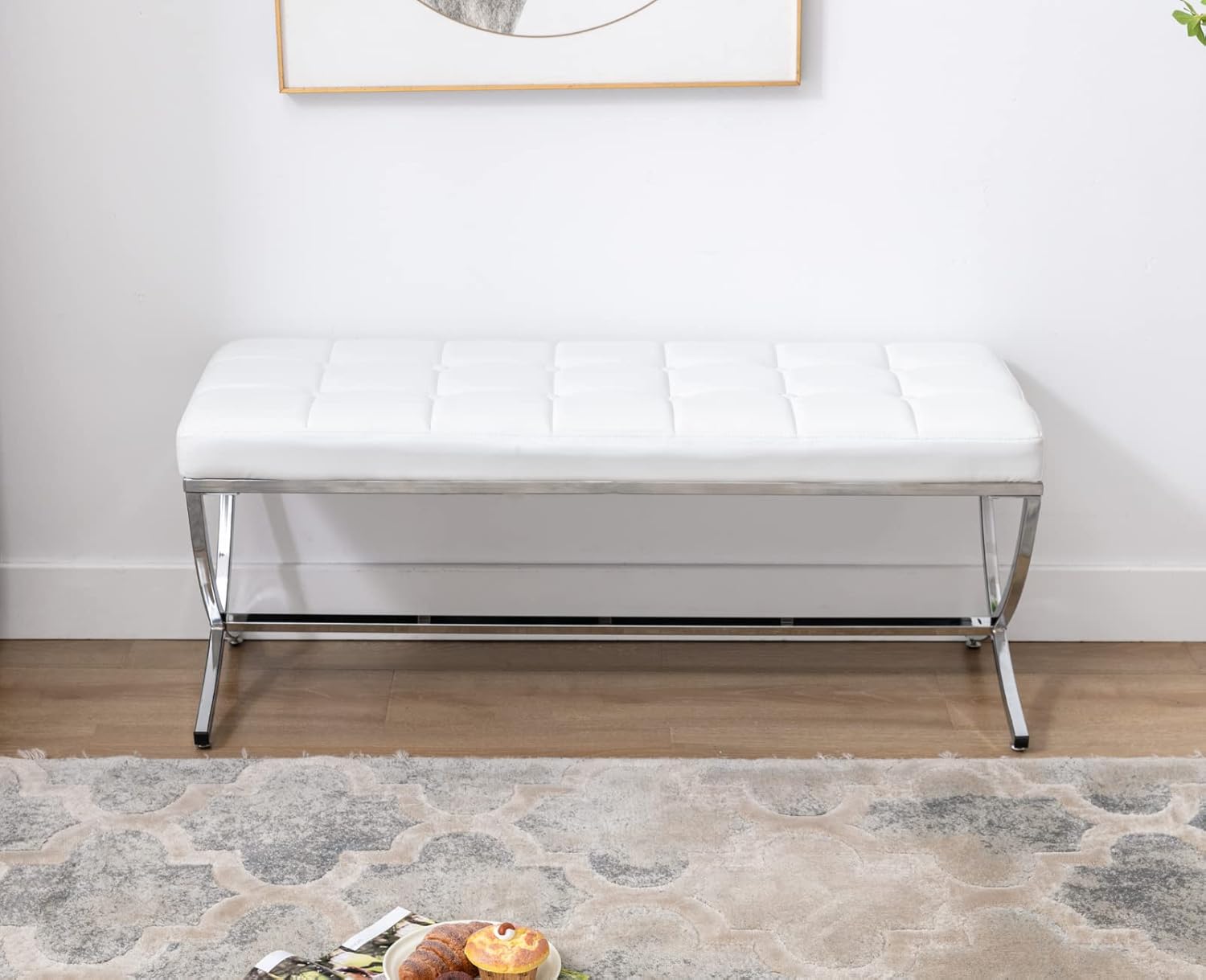 Modern Entryway Bench Leather Upholstered Dining Bench with Metal Base Button Tufted Ottoman Bench with Padded Seat Accent Foot Bench for Bedroom End of Bed/Living Room