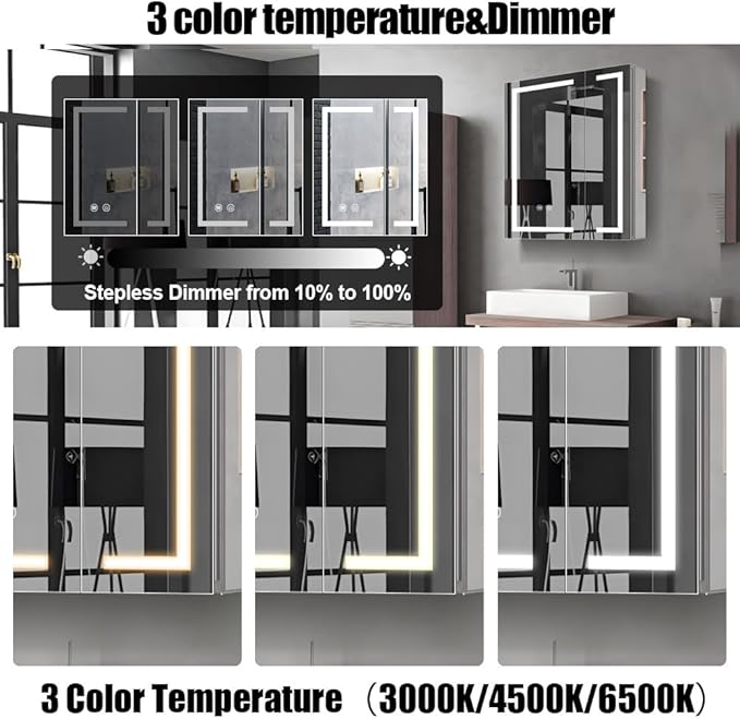 LED Medicine Cabinet,Bathroom Mirror Cabinet with Lights,24×28inch,Equip with Internal Light,Aluminum Construction,USB Shaver Socket,3 Color,Dimmer,Demister,Surface Mounted and Recess Mounted