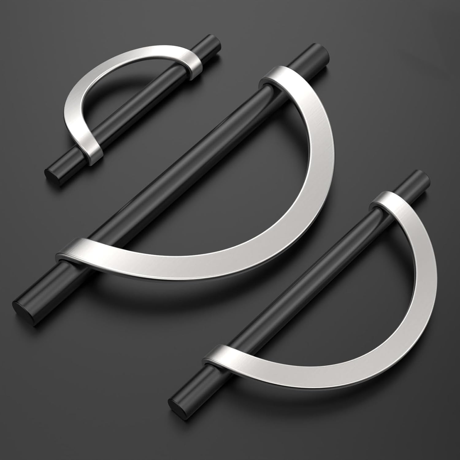 6 Pack Matt Black and Nickel Cabinet Pulls, 3-3/4 Inch(96mm) Hole Centers Half Moon Metal Drawer Pulls Kitchen Hardware Cabinet Handles