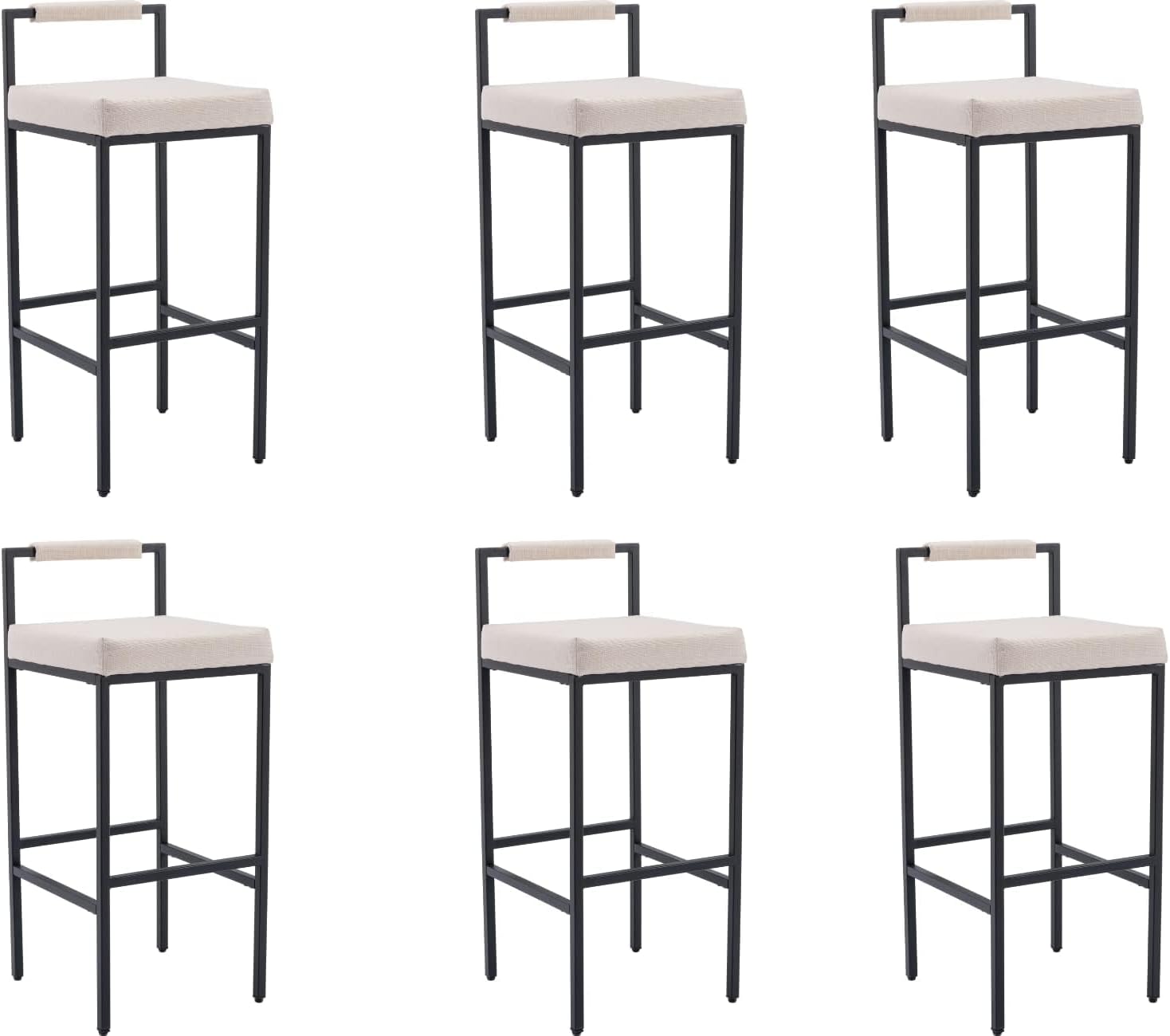 Modern Bar Stools Set of 6 Linen Upholstered Bar Height Barstools with Low Back and Metal Frame