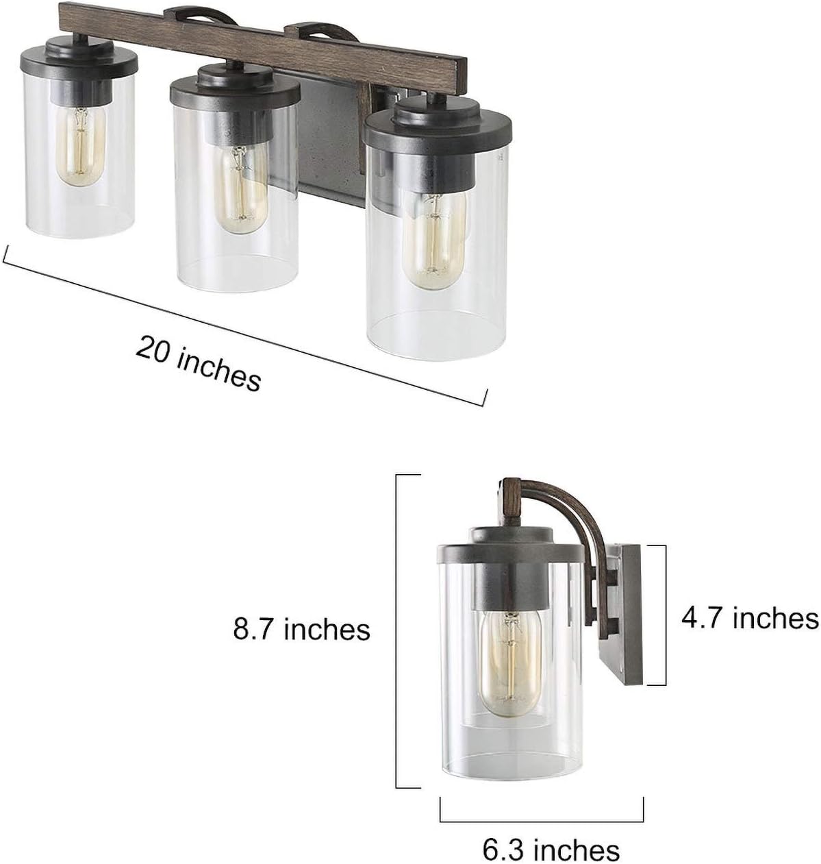 Farmhouse Bathroom Vanity Light Fixtures, Rustic Vanity Lighting with 3 Clear Glass