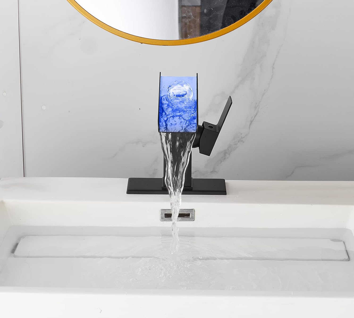 Bathroom Faucet Black Waterfall Open Spout LED Color Changing 1-3 Holes Basin Vanity Sink Tap Single Handle with Pop Up Drain Stopper Overflow Water Supply Hose Include Modern Commercial