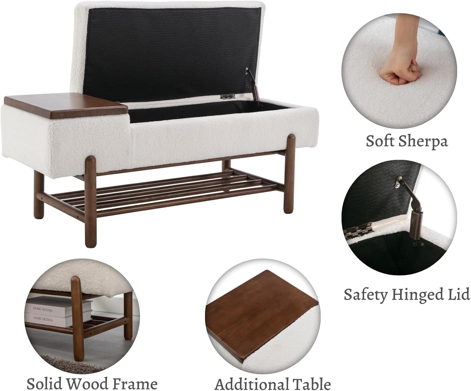 Modern Storage Bench for Bedroom End of Bed Sherpa Upholstered Ottoman Bench with Storage and Wood Shoe Rack Farmhouse Long Seating Bench