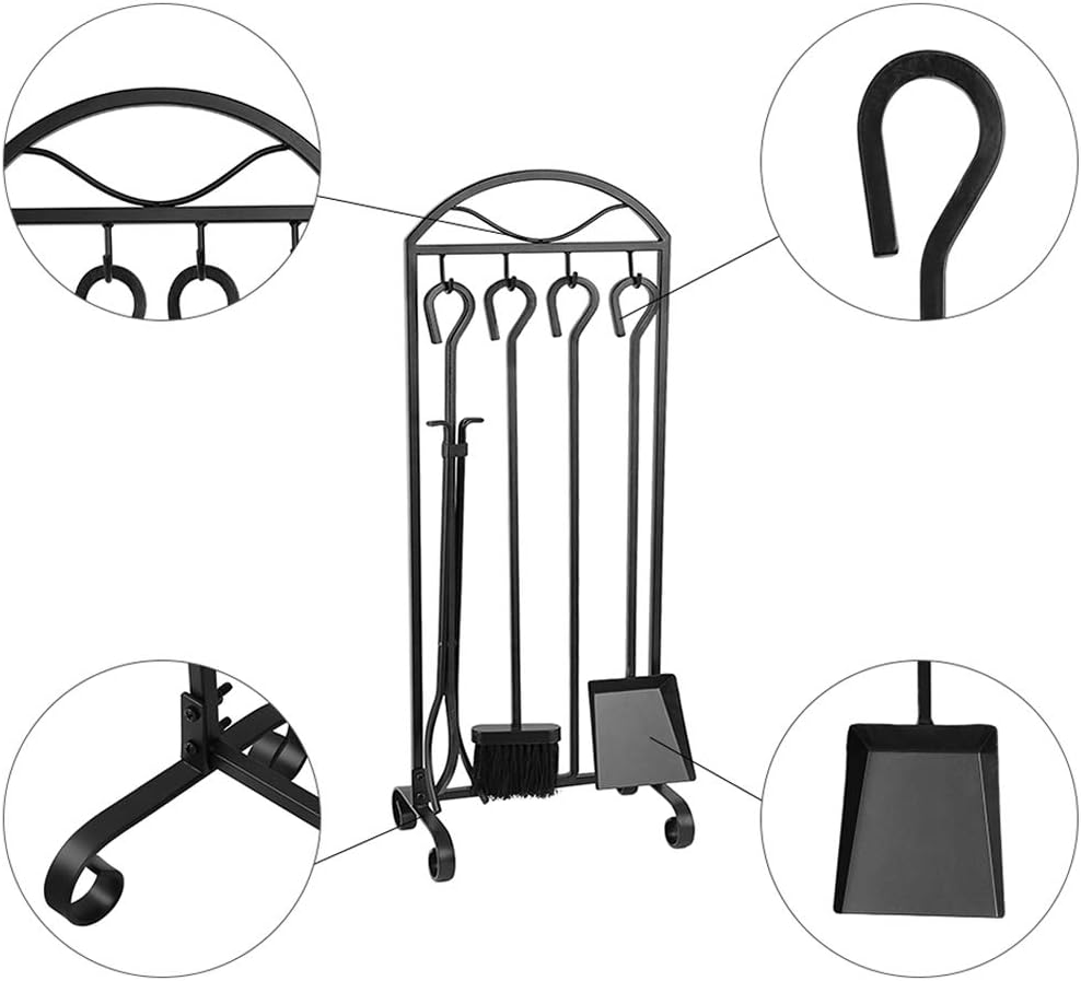 5 Pieces Fireplace Tools Set Wrought Iron Holder Black Fireset Pit Stand Fire Place Log Tongs Tools Kit
