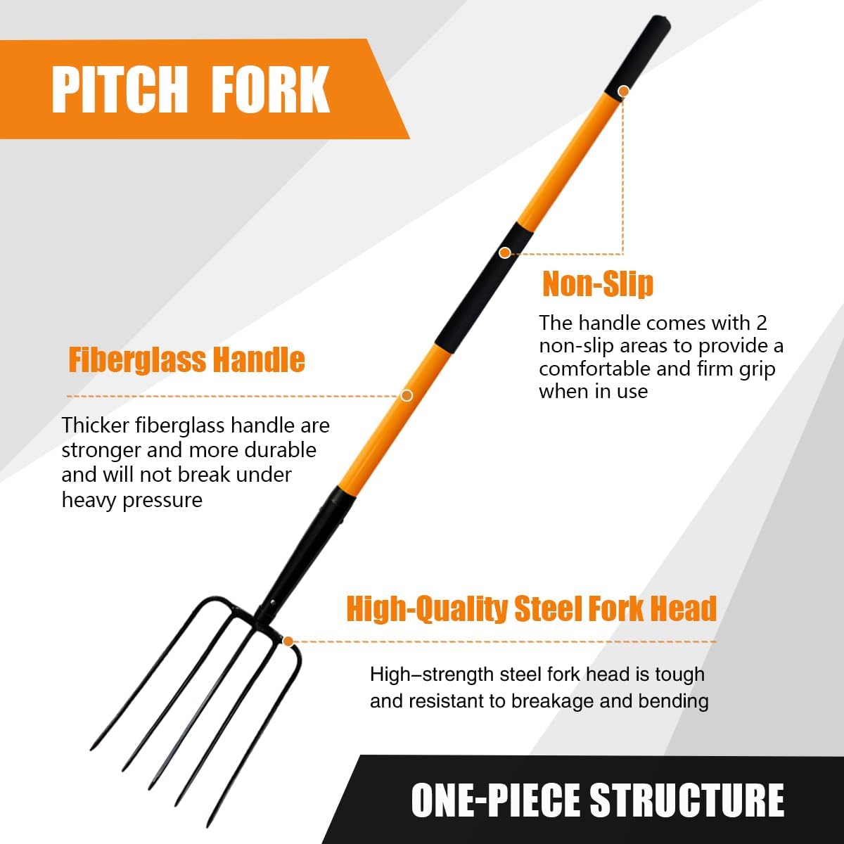 Pitch Fork for Gardening, 5 Tine Pitchfork Heavy Duty with Fiberglass Handle, 58 Inches