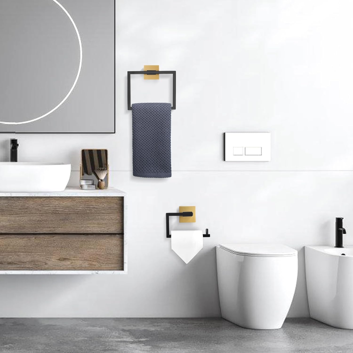 Towel Holder & Toilet Paper Holder Black & Gold, Bathroom Hardware Set, Stainless Steel Hand Towel Ring Bar, Wall Mounted Towel Hanger Tissue Roll Holder for Kitchen Lavatory 2 Pcs