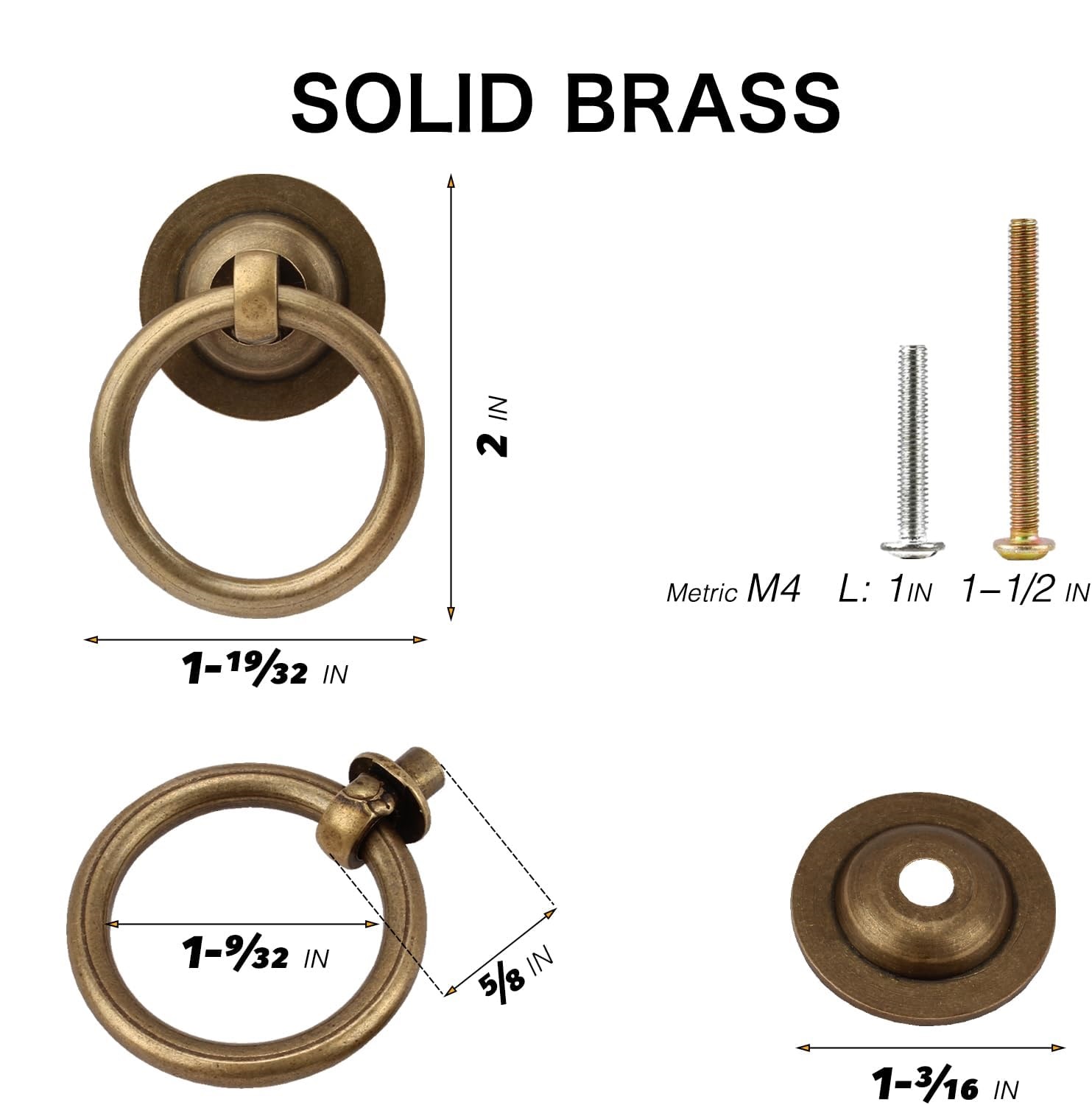 4 Pack Solid Antique Brass Cabinet Pulls Ring Drawer Pulls, Antique Style Kitchen Cabinet Handles Pulls Vintage Pulls Brass Drawer Handles for Cabinets