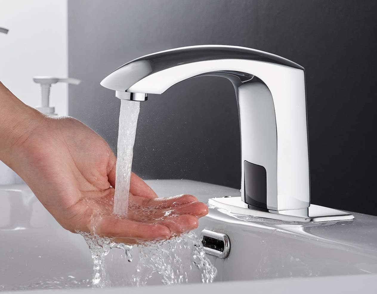 Automatic Bathroom Sink Faucet with Hole Cover Plate Sensor Touchless Dual-Powered Chrome Vanity Faucets Hands Free Motion Sensor Bathroom Water Tap