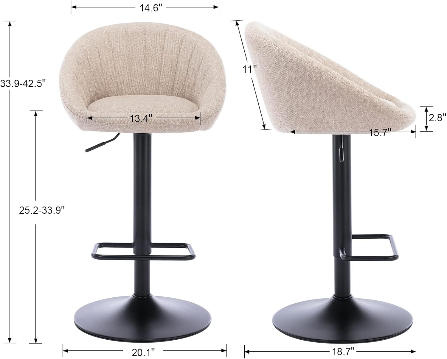 Set of 2 Modern Counter Height Barstools with Low Back Comfy Upholstered Kitchen Island Bar Chairs