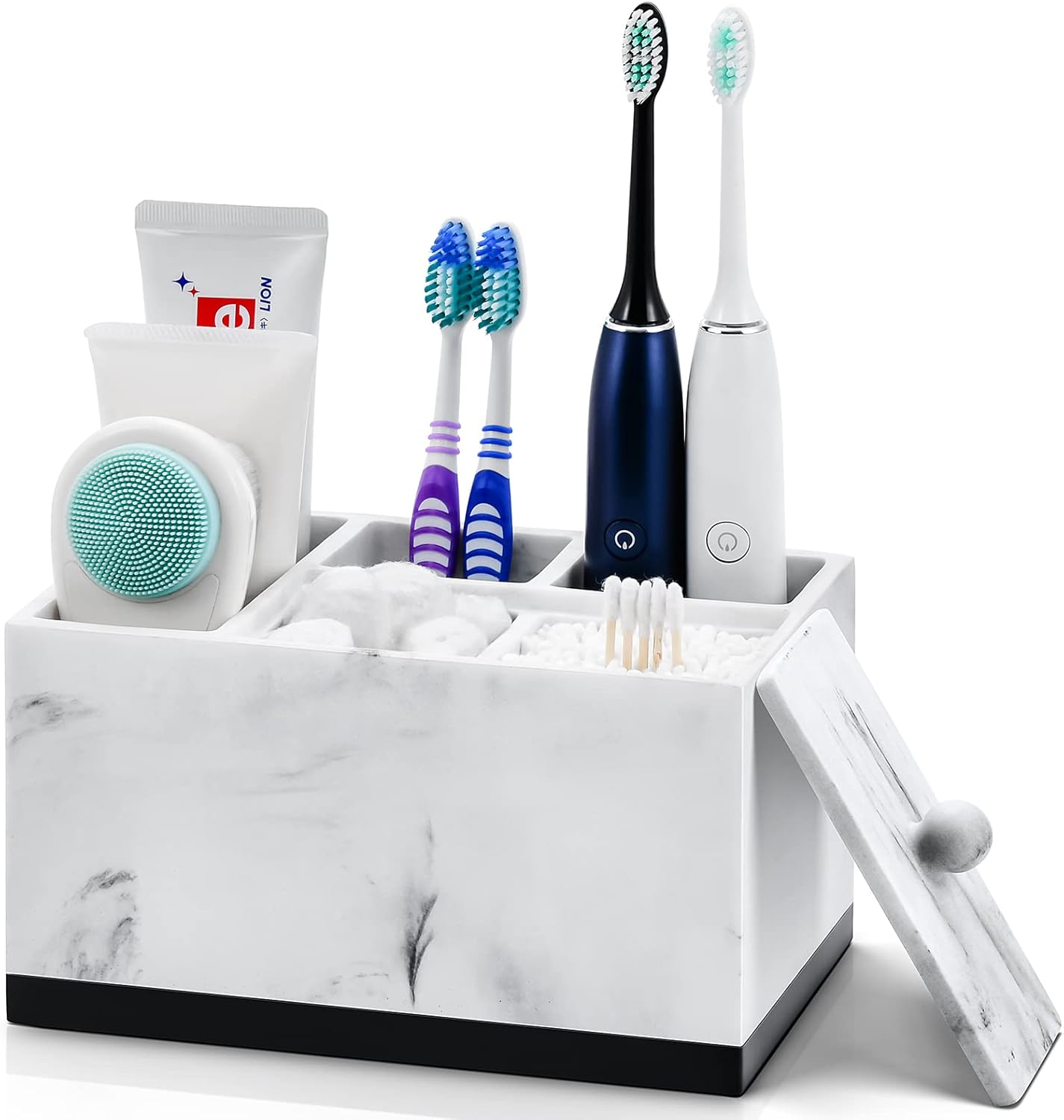 Toothbrush Holders for Bathrooms, Bathroom Countertop Organizer for Vanity/Sink/Cotton Swab, 5 Slots Tooth Brush/Toothpaste Holder Storage