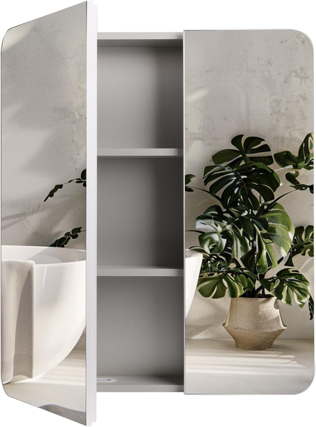 23.5" x 27.5" Medicine Cabinets for Bathroom with Mirror Surface Wall-Mounted Stainless Steel Framed Beveled Mirror, Double Door Metal Bathroom Vanity Mirror