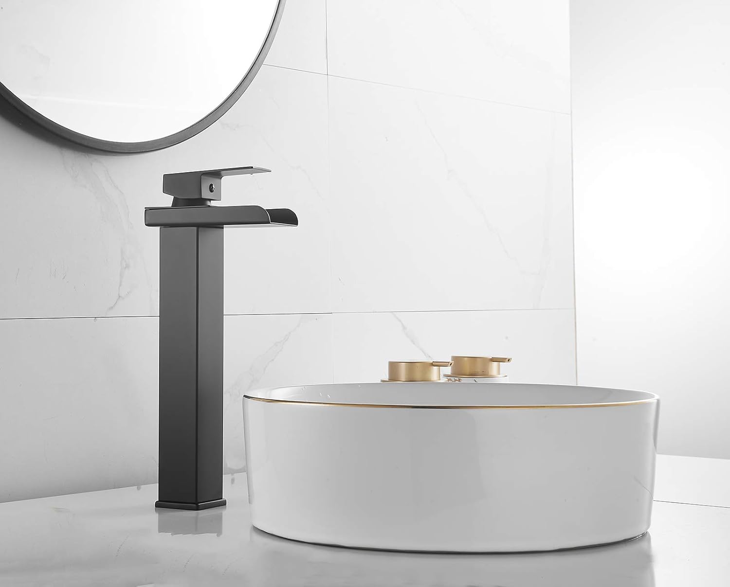 Bathroom Vessel Sink Faucet Black Waterfall Spout Single Handle One Hole Bowl Sink Faucet Tall Body Modern Vanity Faucet Lavatory Mixer Tap Deck Mount