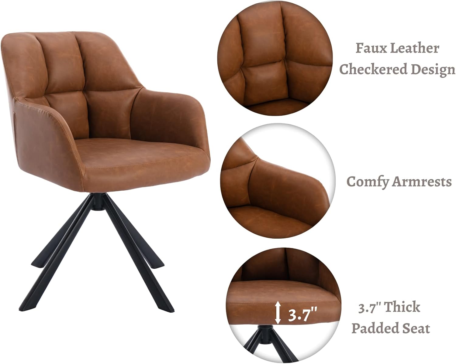 Comfy Leather Desk Chair Modern Computer Task Chair no Wheels Swivel Accent Chair with Mid Back Arm Chair