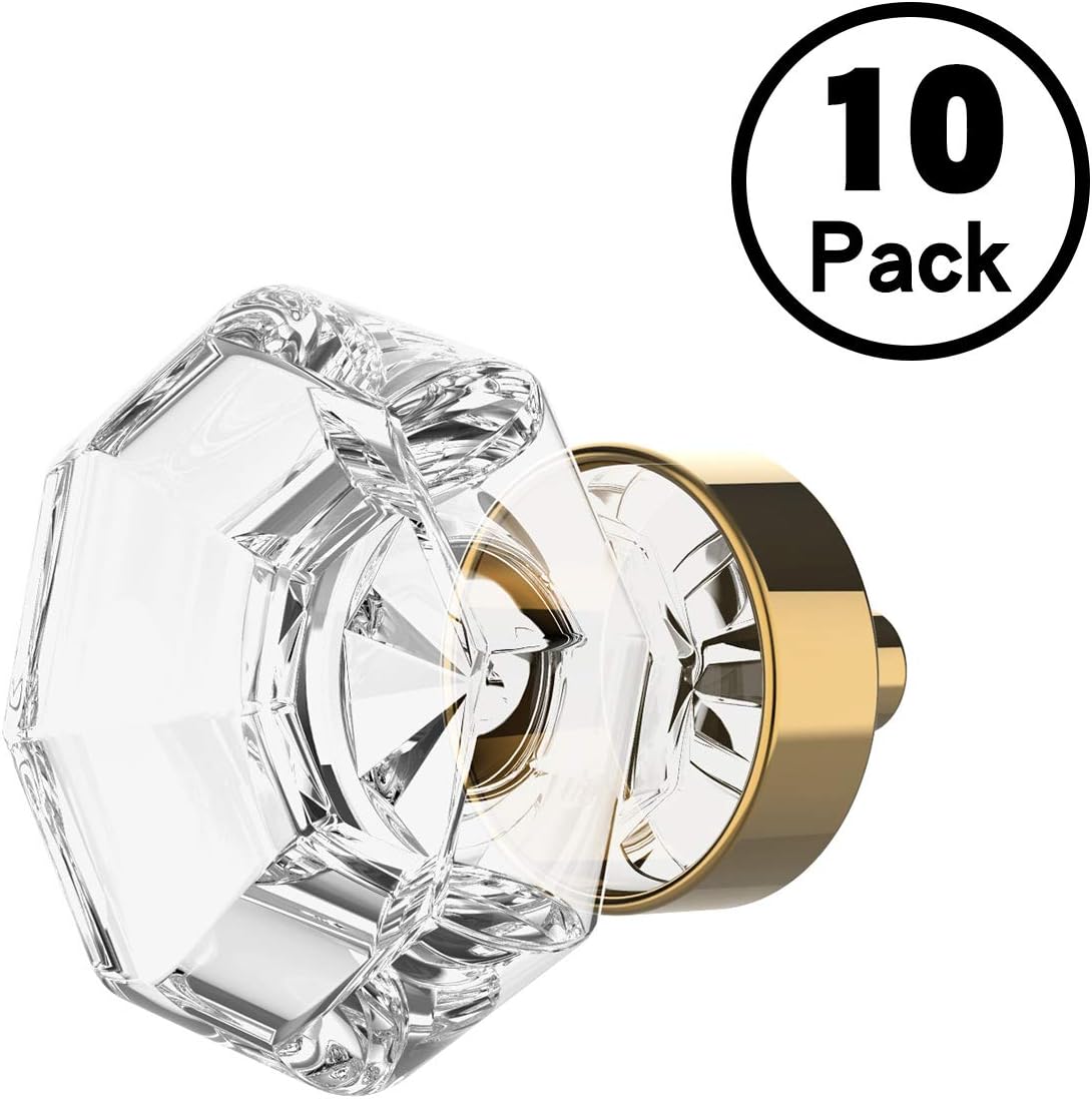 10 Pack Clear Crystal with Gold Cabinet Knobs, 1-3/8 Inch(35mm) Cabinet Hardware Octagon Glass Crystal Knobs for Drawers