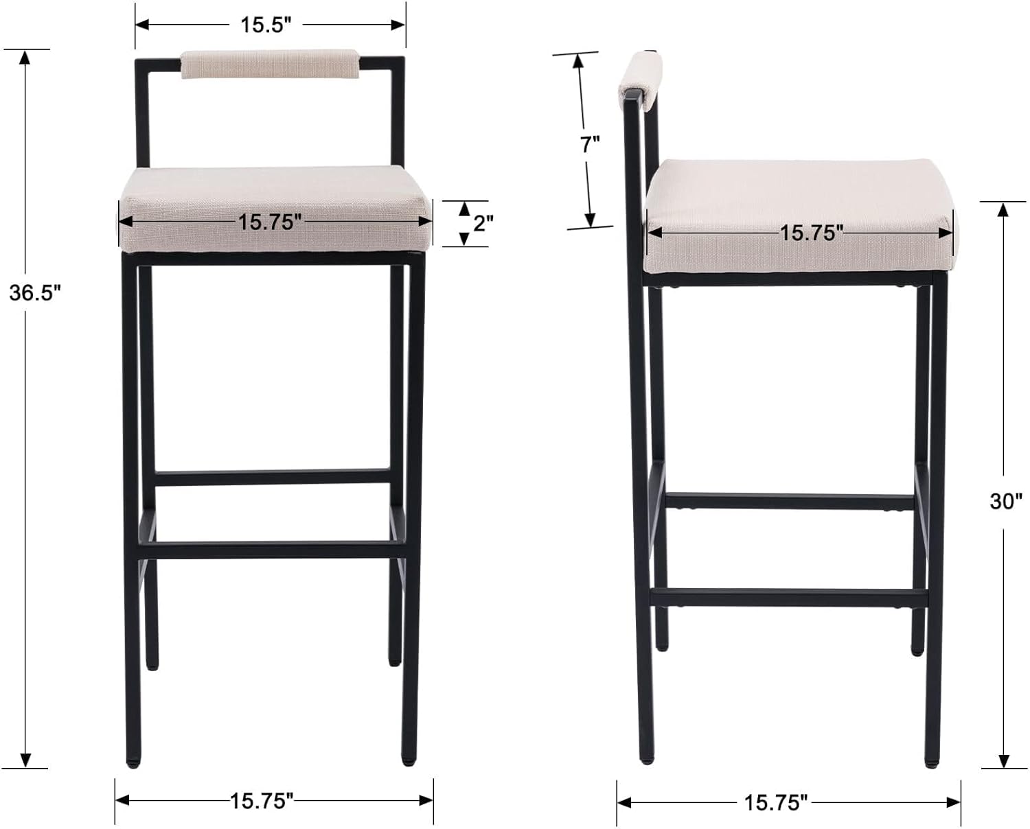 Modern Bar Stools Set of 6 Linen Upholstered Bar Height Barstools with Low Back and Metal Frame