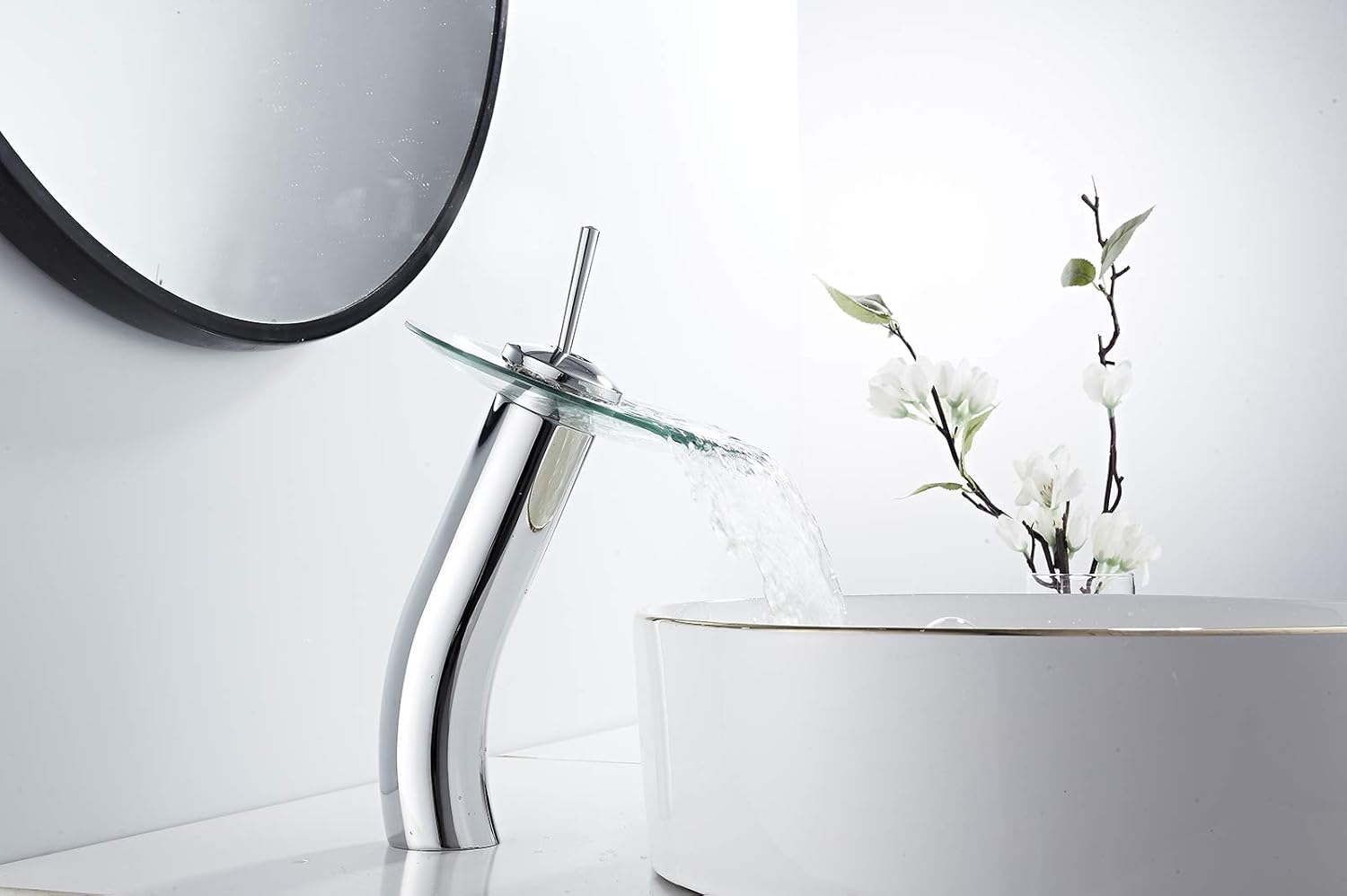 Bathroom Vessel Faucet Waterfall Glass Spout Solid Brass Bath Lavatory Vessel Sink Vanity Faucet Chrome Single Handle One Hole Glass Bowl Sink Faucet Tall Body for Above Counter Basin