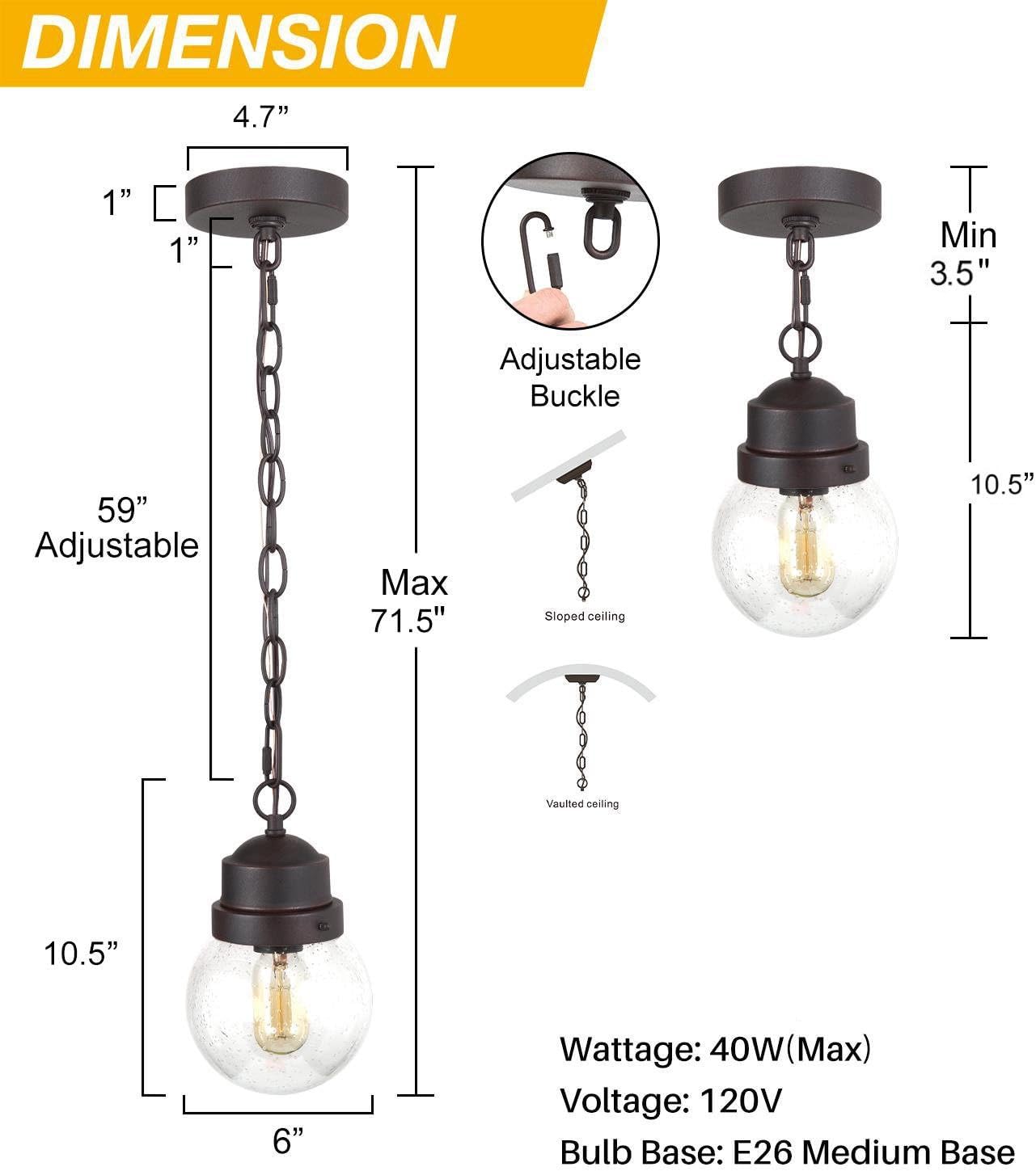 Farmhouse Exterior Lights with Adjustable Chain, Anti-Rust Outdoor Light with Seeded Glass, Hanging Light for Front Door