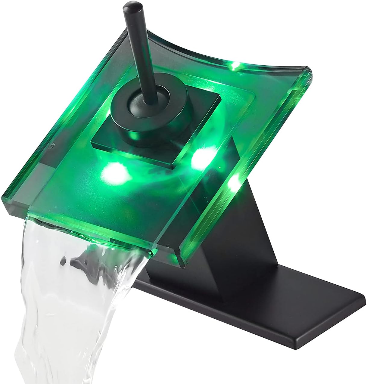 Black Bathroom Sink Faucet with 3-Color Changing LED Light Waterfall Glass Spout Single Handle One Hole Battery Power Lavatory Vanity Faucets Cold and Hot Water Mixer Bath Basin Sink Tap Commercial