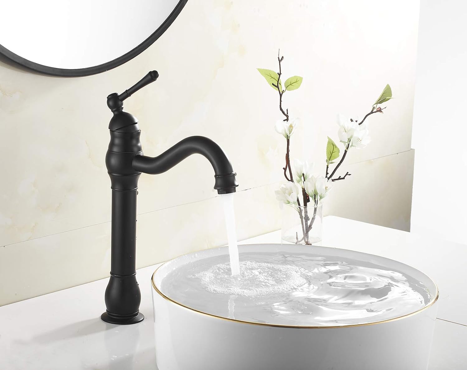 Black Bathroom Vessel Sink Faucet 360° Swivel Spout One Handle Single Hole Bowl Sink Tall Body Lavatory Vanity Faucet Farmhouse Above Counter Mixer Tap Commercial