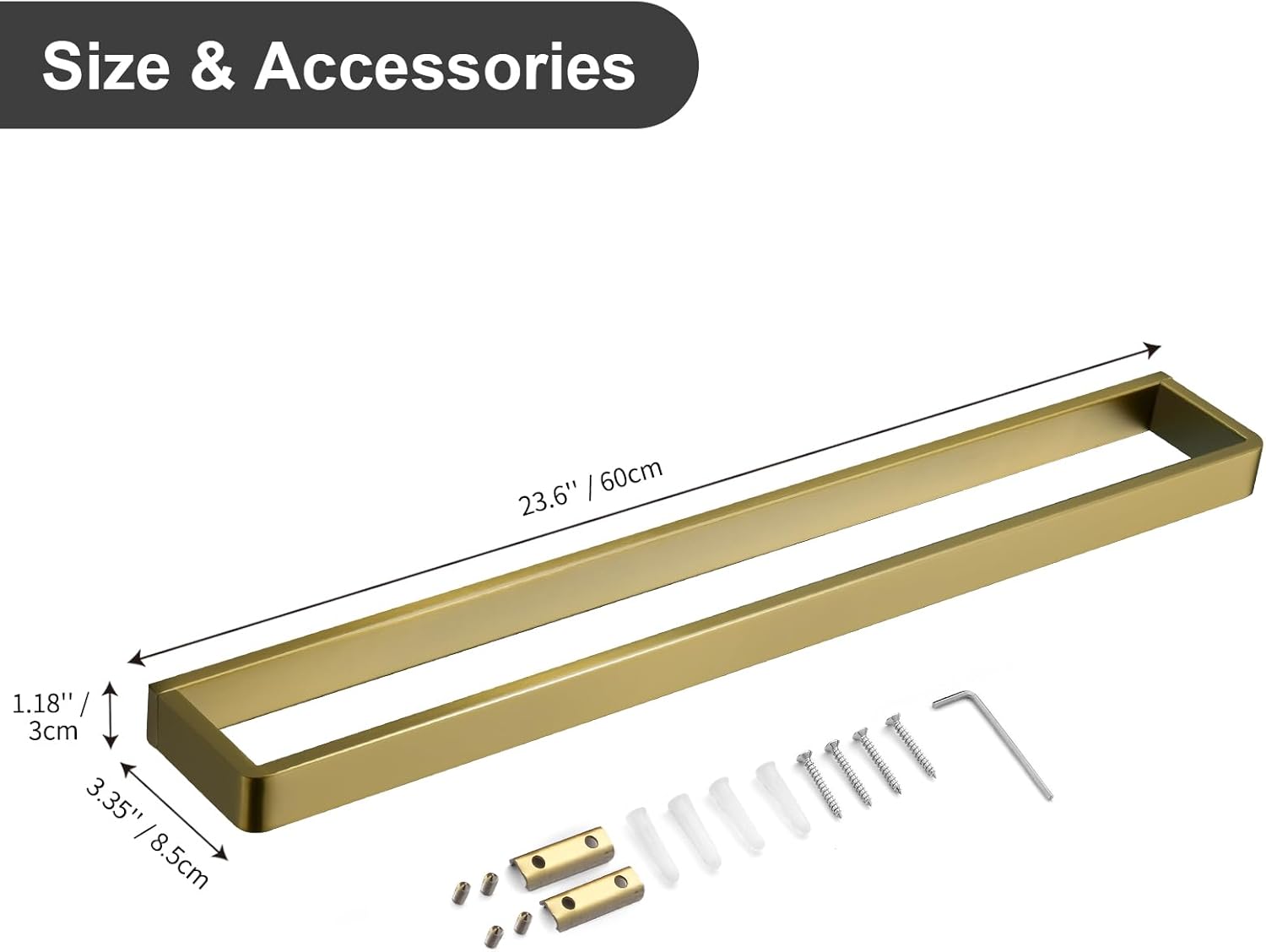 Bathroom Towel Bar Brushed Gold, 23.6 Inch 304 Stainless Steel Bath Accessories Towel Rack Hanger, Bathroom Kitchen Square Hand Towel Holder Wall Mounted