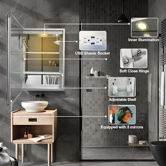 LED Medicine Cabinet,Bathroom Mirror Cabinet with Lights,20×28inch,Equip with Internal Light,Aluminum Construction,USB Shaver Socket,3 Color,Dimmer,Demister,Surface Mounted and Recess Mounted