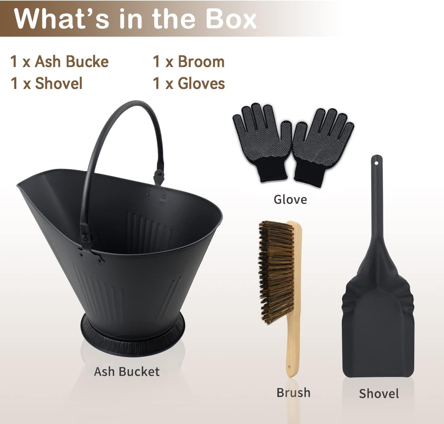 Ash Bucket for Fireplace, 3.2 Gallon Metal Fireplace Ash Bucket for Wood Stove, Includes Shovel, Broom and Gloves Indoor & Outdoor