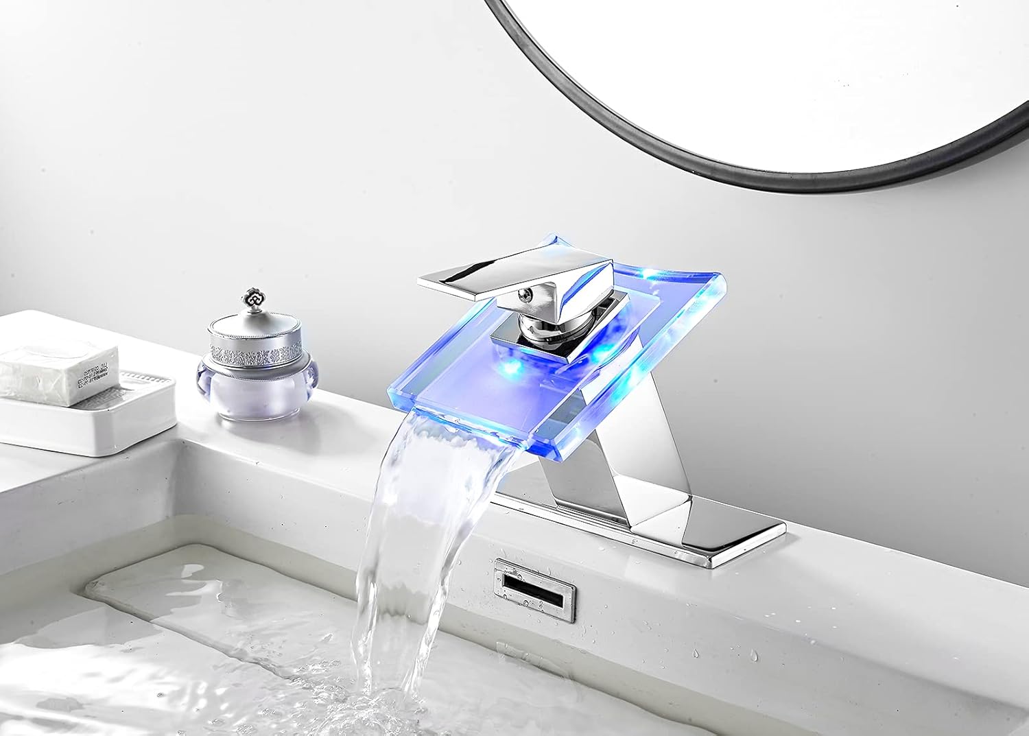 Bathroom Sink Faucet Waterfall Glass Spout LED Light 3 Colors Changing Hot and Cold Water Mixer Single Handle One Hole Deck Mounted Bathroom Faucet Lavatory Vanity Basin Tap Chrome