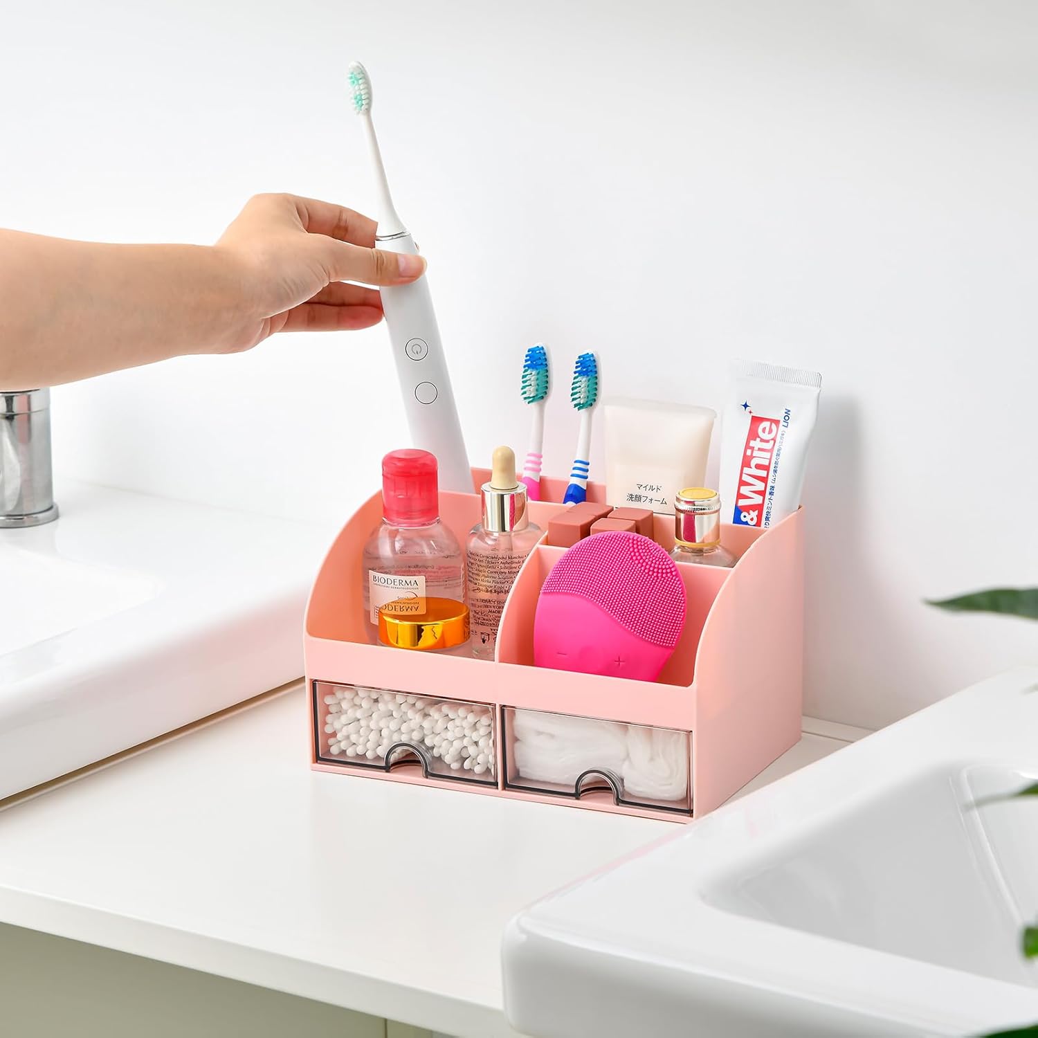 Toothbrush Holders for Bathrooms Countertop, 5 Slots Toothpaste Bathroom Counter Sink Organizer with Drawers