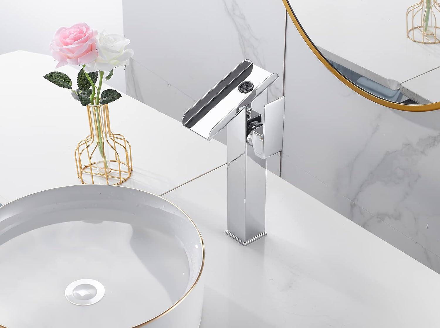 Bathroom Vessel Sink Faucet Chrome Waterfall Led Color Changing by Temperature Bowl Sink Faucet 1 Hole Right Handle Without Overflow Pop Up Drain Stopper Lavatory Vanity Bath Basin Tap Tall