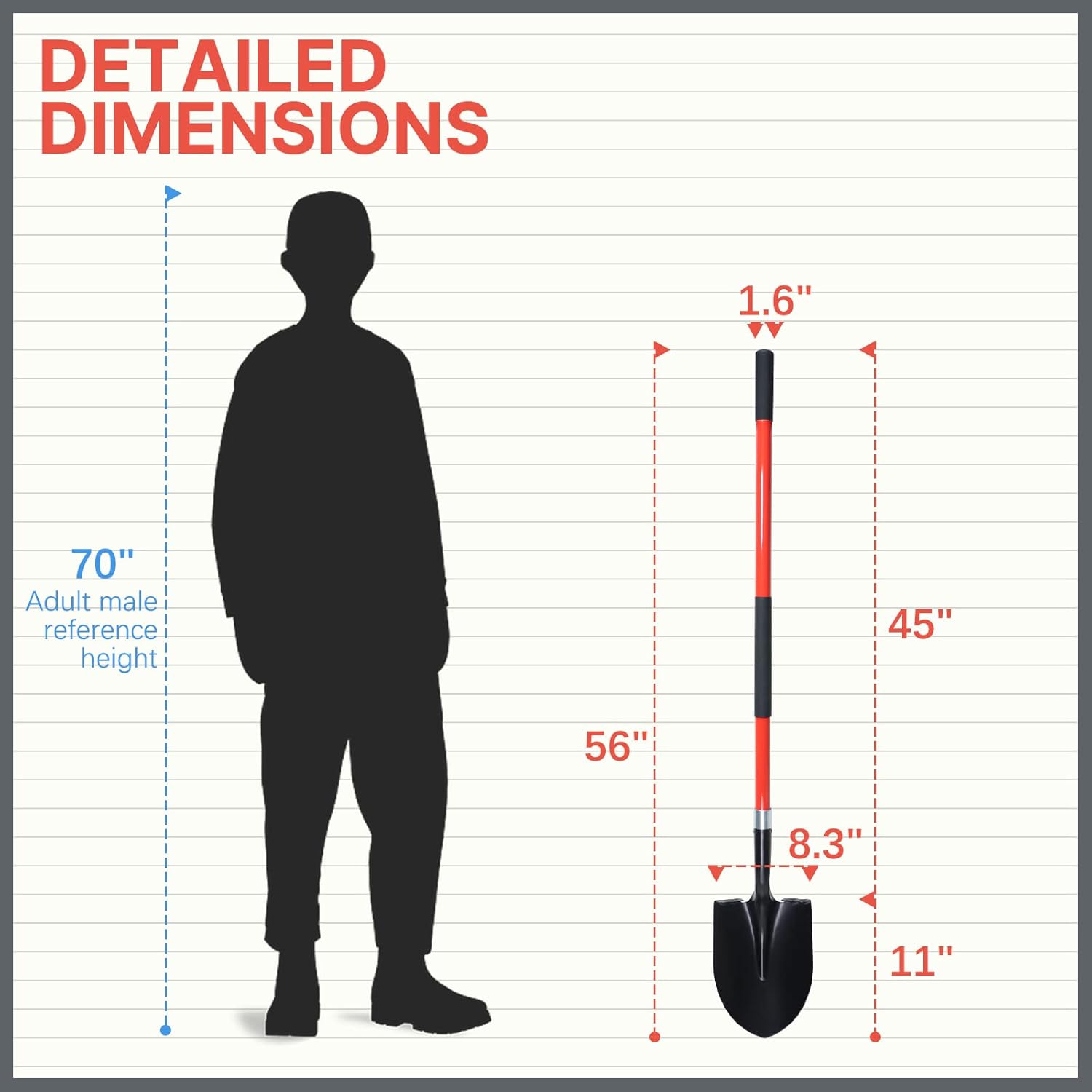 Shovel for Digging, 56 Inches Heavy Duty Shovel for Gardening, Round Shovel for Digging with Fiberglass Handle