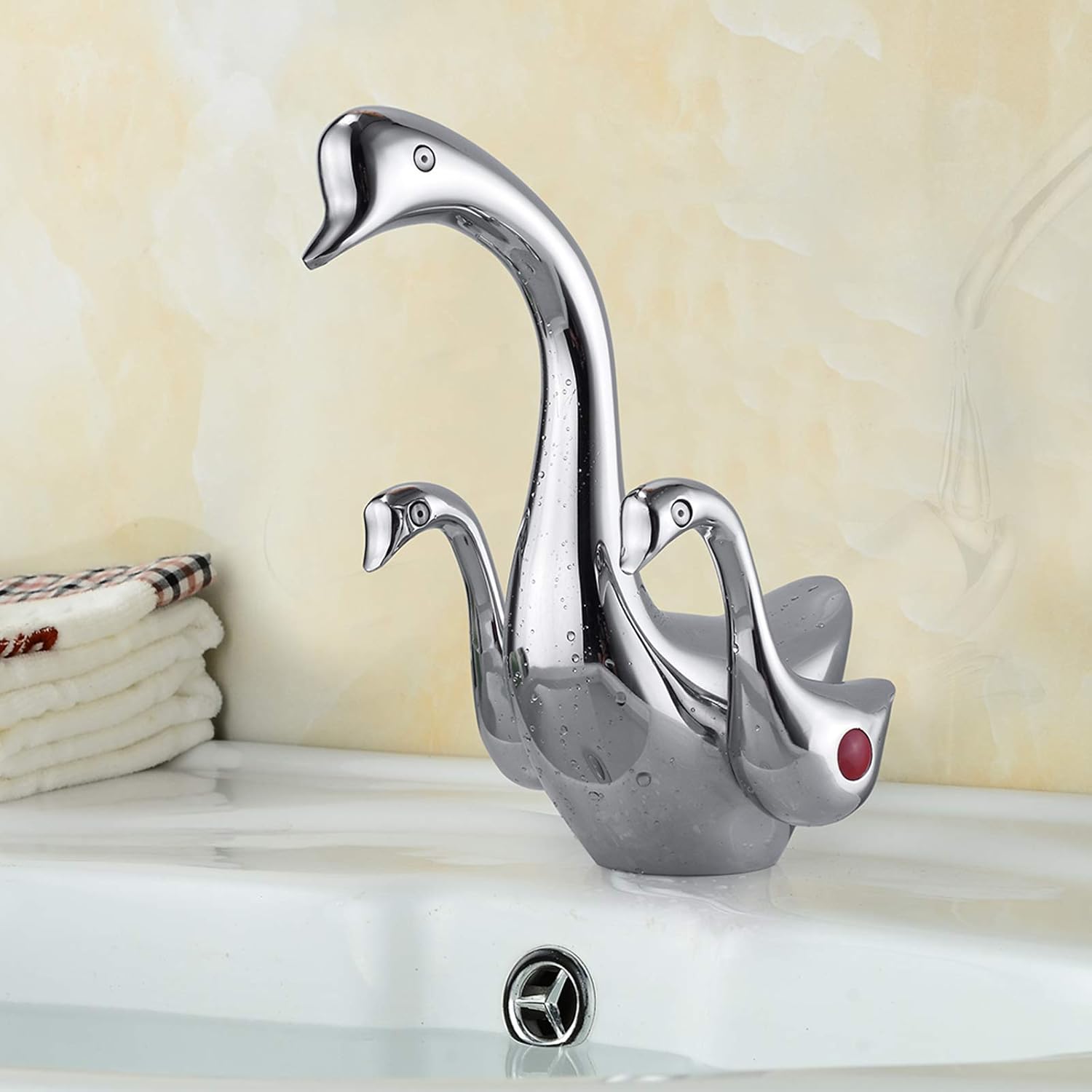 Bathroom Sink Faucet Chrome Dual Handles Lever Swan Duck Goose-Neck Waterfall One Hole Bath Lavatory Basin Mixer Tap Deck Mount Supply Line Commercial