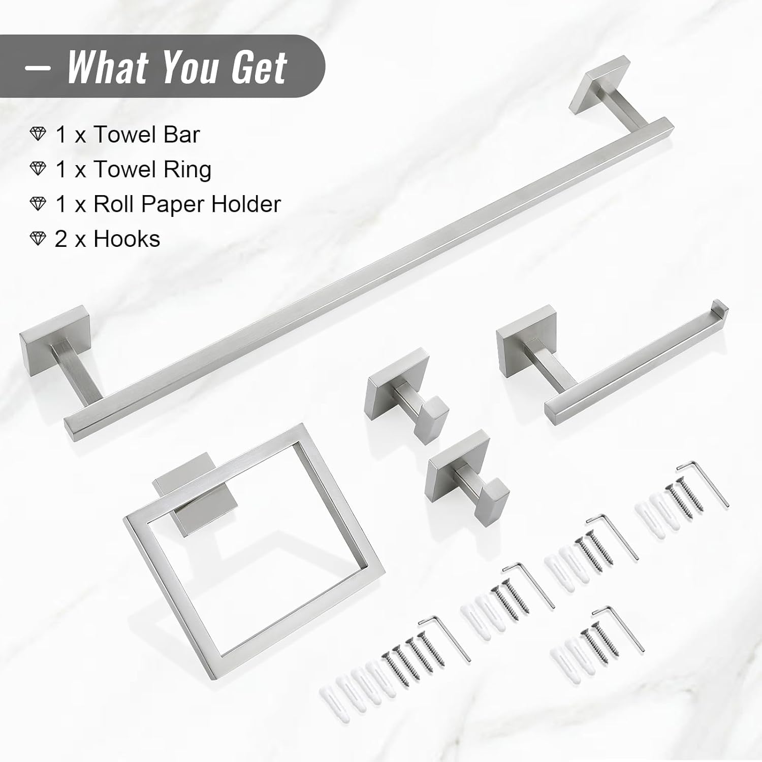 Towel Bar Set, 5 Pieces Bathroom Hardware Set Brushed Nickel Bathroom Accessories, SUS304 Stainless Steel Towel Racks Holder Set Wall Mounted 23.6 Inch