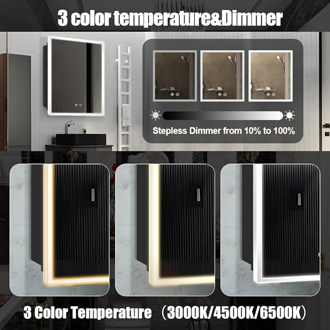 Led Medicine Cabinet,20×28inch,Medicine Cabinet with Light,3 Colors,Dimmable,Desmister,Luminous Glass Shelf,Recess Mount and Surface Mount