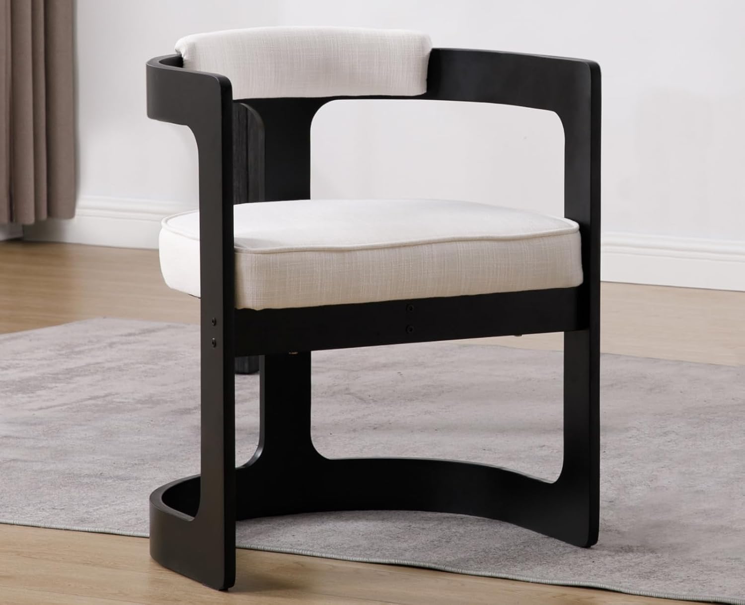 Modern Barrel Dining Chair Linen Upholstered Accent Chair with Arm Comfy Dining Room Chair with Black Wood Frame