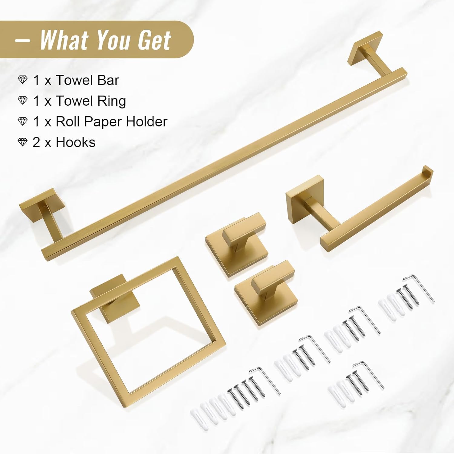 Towel Bar Set, 5-Piece Brushed Gold Bathroom Hardware Set, Gold Bathroom Accessories Set, SUS304 Stainless Steel 23.6 Inch Towel Holder Towel Racks Set Wall Mounted