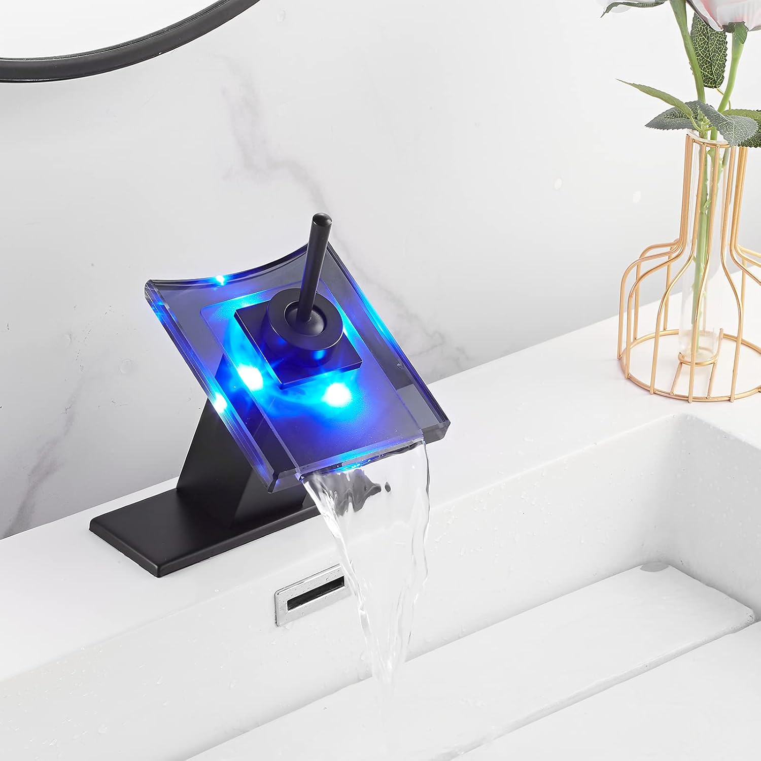 Black Bathroom Sink Faucet with 3-Color Changing LED Light Waterfall Glass Spout Single Handle One Hole Battery Power Lavatory Vanity Faucets Cold and Hot Water Mixer Bath Basin Sink Tap Commercial