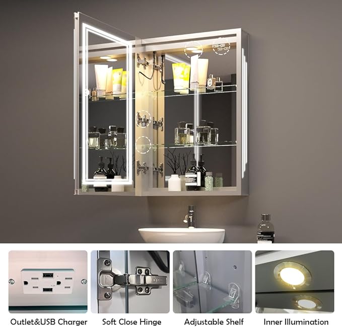 20×26inch Medicine Cabinet with Lights,Lighted Medicine Cabinet,3 Colors&Dimmable,Demister,Internal Light,USB Shaver Socket,Inner Door Lighting