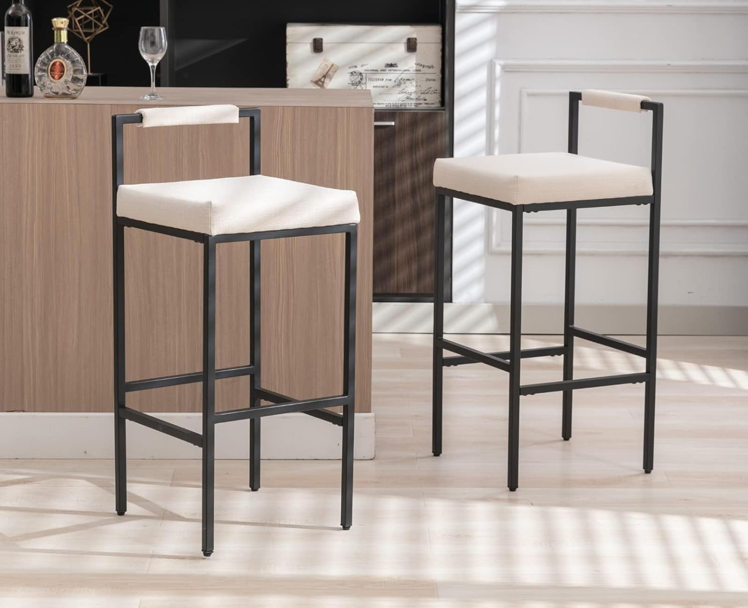 Modern Bar Stools Set of 6 Linen Upholstered Bar Height Barstools with Low Back and Metal Frame