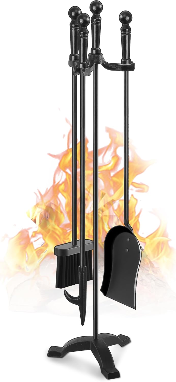Fireplace Tools Set 4 Pcs 30 Inch Black Wrought Iron Large Fire Tool Set for Outdoor/Indoor Include Chimney Poker