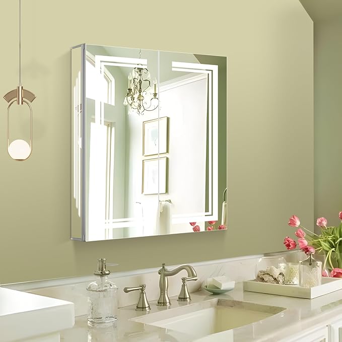 24×28inch Medicine Cabinet with Lights,Lighted Medicine Cabinet,3 Colors&Dimmable,Demister,Internal Light,USB Shaver Socket,Inner Door Lighting