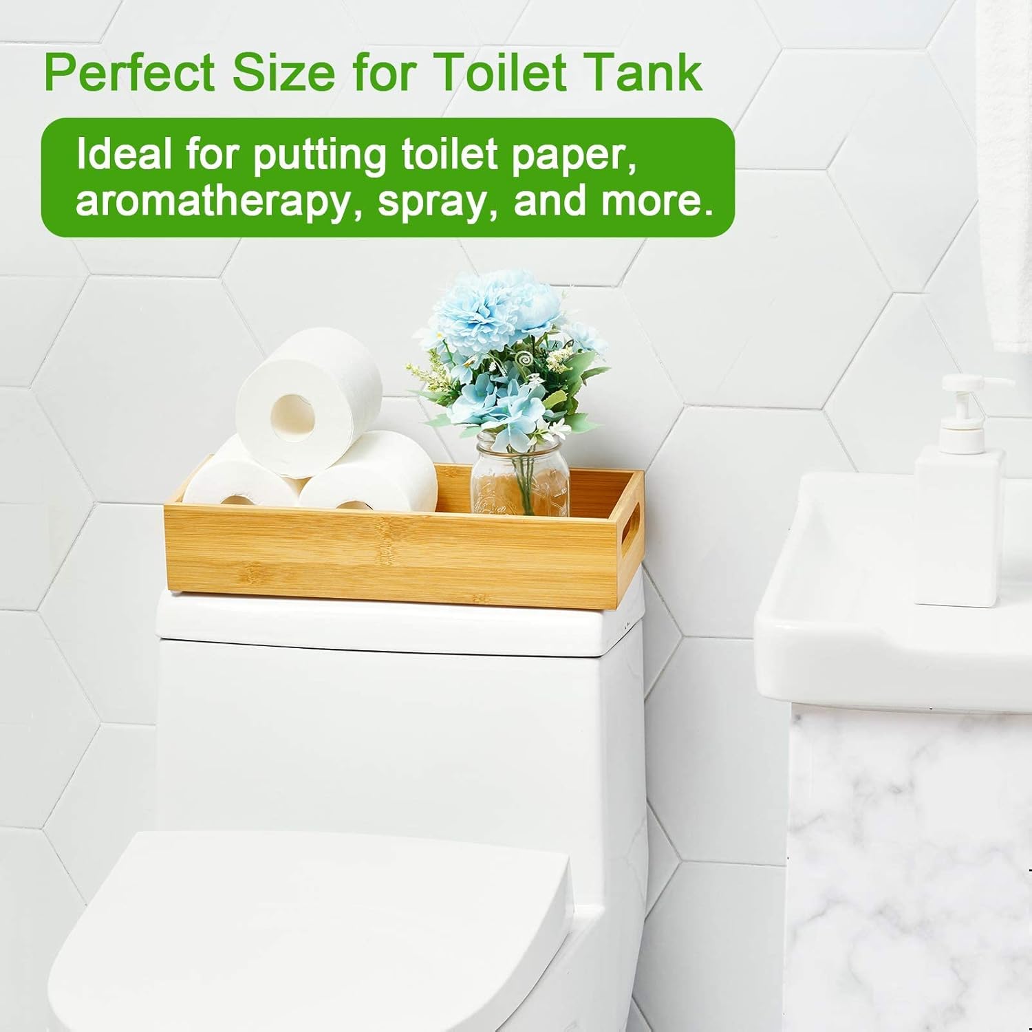 Toilet Tray, Bamboo Toilet Paper Storage with Handles, Toilet Paper Tray Holder Organizer Basket for Toilet Tank/Bathroom/Kitchen Counter