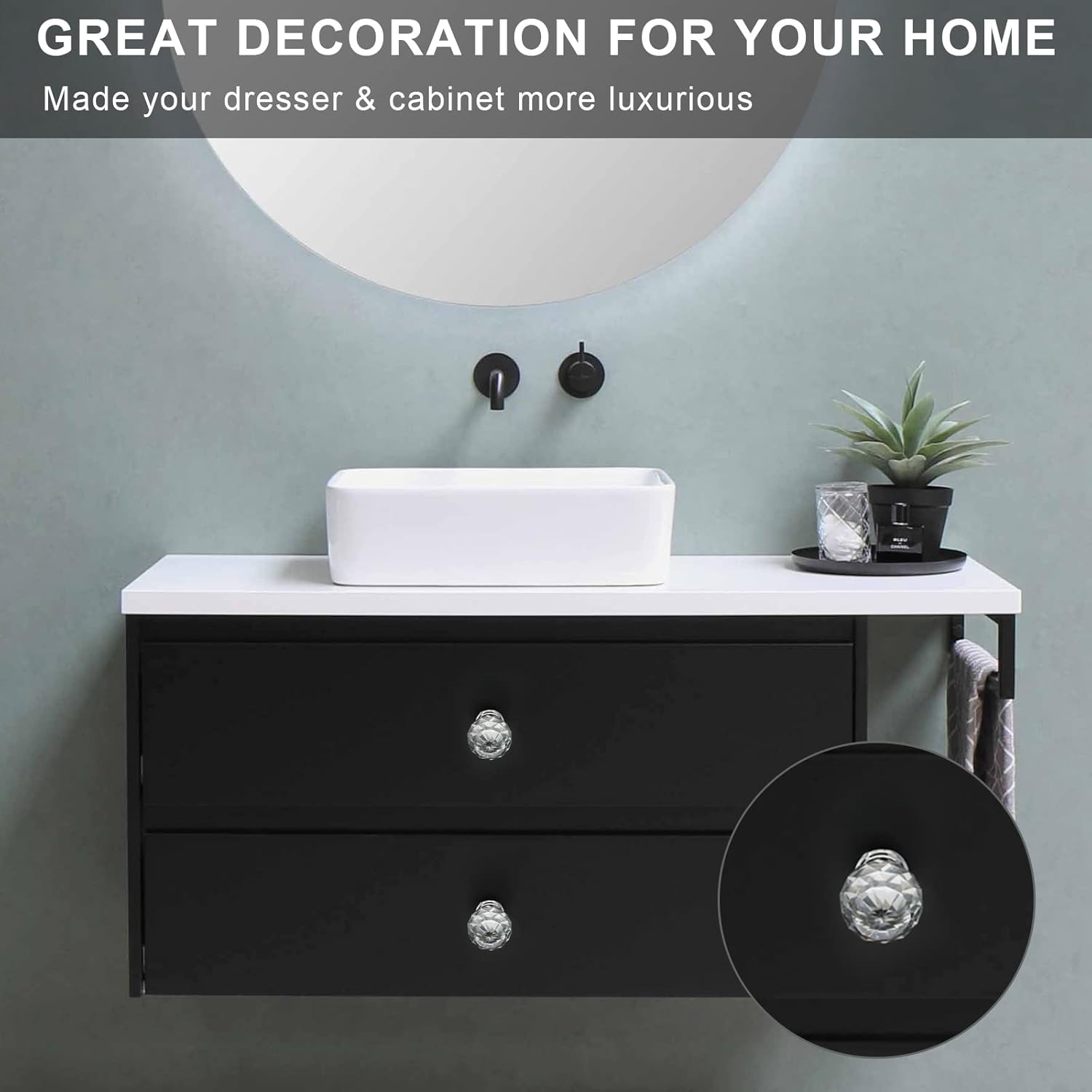 10 Pack Clear Crystal with Chrome Plated Drawer Knobs, 1-1/5 Inch(30mm) Cabinet Knobs Round Diamond Crystal Knobs for Drawers