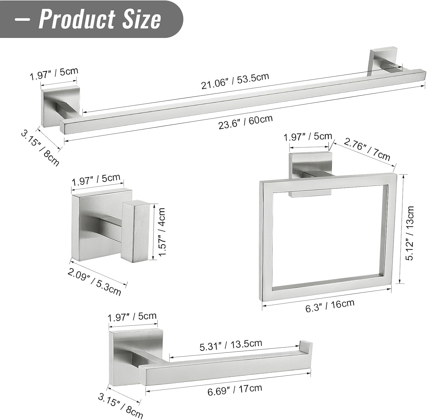 Towel Bar Set, 5 Pieces Bathroom Hardware Set Brushed Nickel Bathroom Accessories, SUS304 Stainless Steel Towel Racks Holder Set Wall Mounted 23.6 Inch