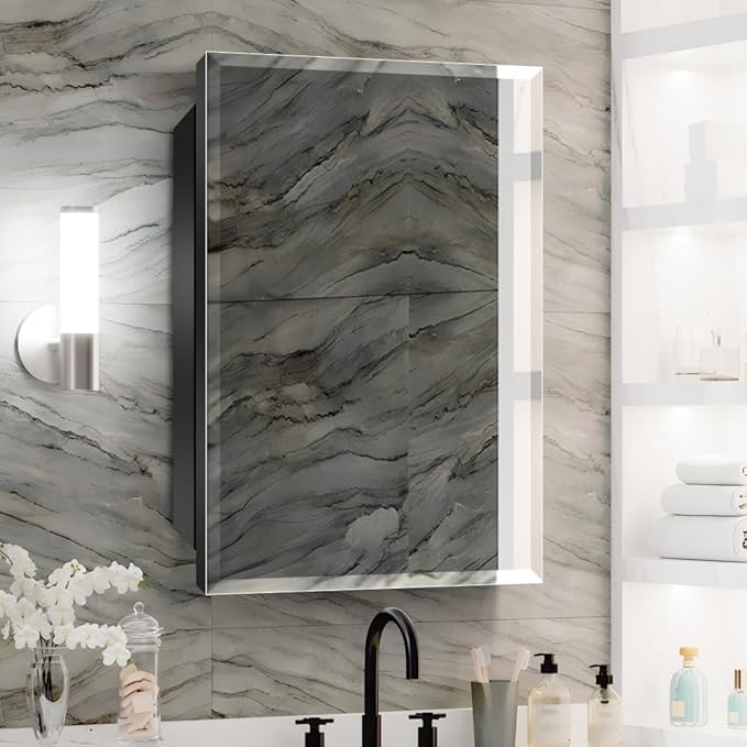 16×26inch Medicine Cabinet,Mirror Cabinet with Beveled Mirror,Solf Close Hinge,Frameless,Detachable Side Plate for Recess Mount or Surface Mount,Black