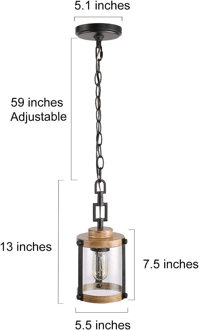 Pendant Lighting for Kitchen Island, Farmhouse Mini Chandelier in Faux Wood Metal with Bubbled Glass Shade