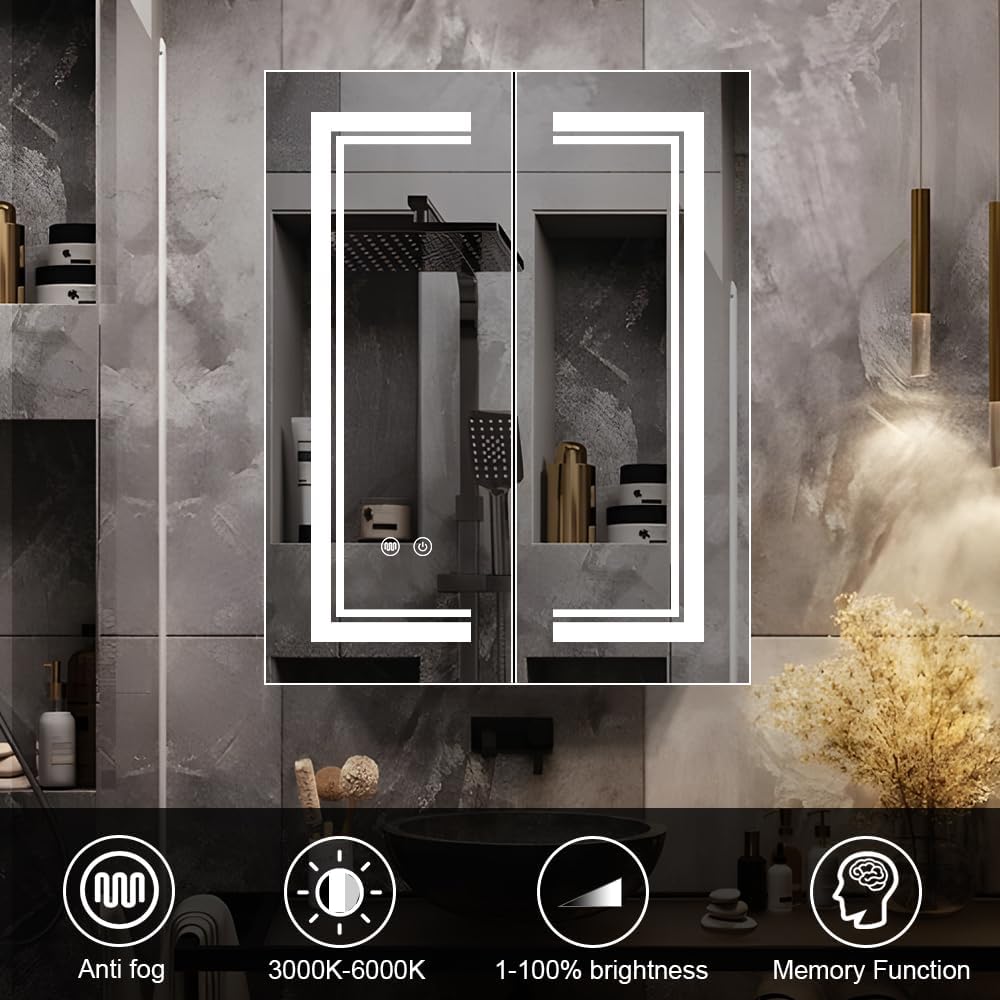 High-End Led Medicine Cabinet,Lighted Medicine Cabinet,3 Colors&Dimmable,Demister,Glass Shelf Illumination,USB Shaver Socket.Surface Mount or Recess Mount